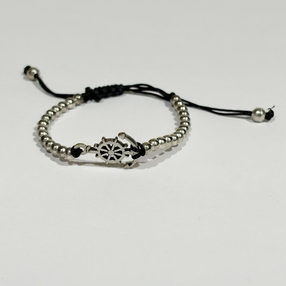 Nautical Anchor & Ship Wheel Bracelet Silver Beads Adjustable Rope Unisex 6-9" - Picture 11 of 12